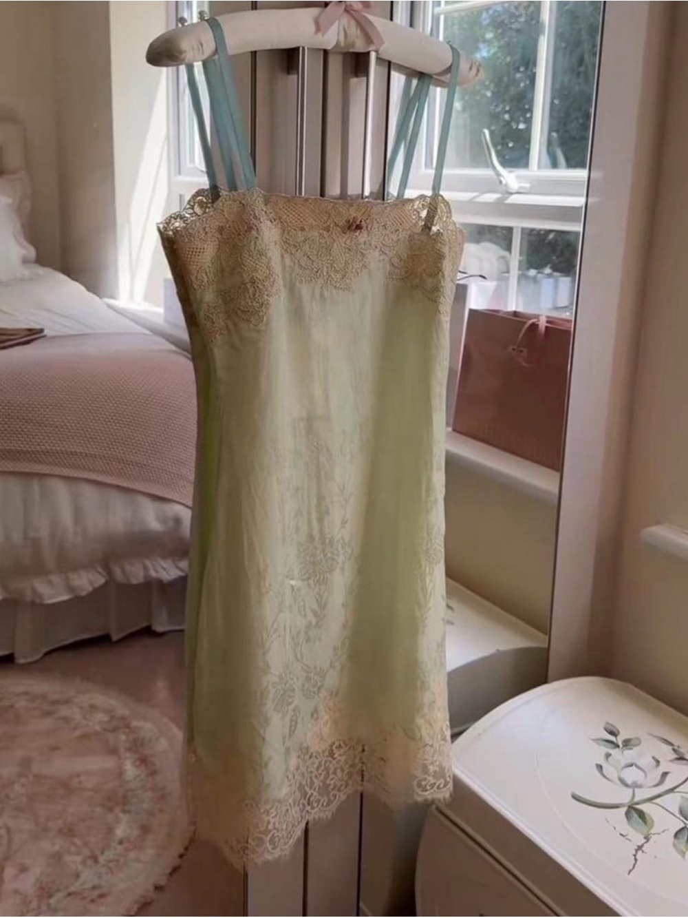 Zara Pale Green Lace Trim Slip Dress